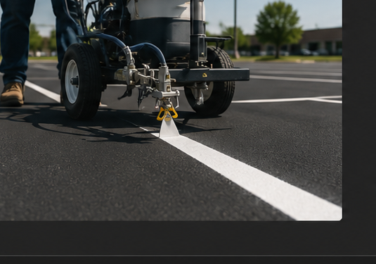 Parking lot striping machine painting a fresh white line